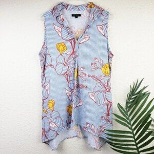 For Cynthia Tunic Top Floral Print Linen Blend Lagenlook Sleeveless Striped sz S